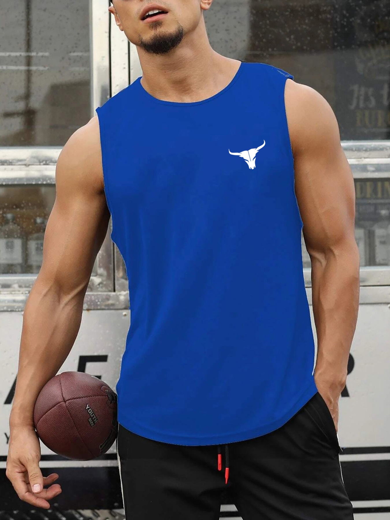 Men's Summer Athletic Tank Top - Breathable, Sweat Absorbent, Loose Fit Sleeveless Shirt for Gym, Training & Basketball - White with Black Bull Head Design, Gym Apparel | Sweat Absorbent Fabric, Gym Shirts