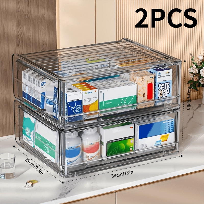 TEMU 2er-Set Transparenter Medizinschrank aus Kunststoff mit Schiebetüren, Medikamenten-Aufbewahrungsbox mit mehreren Schubladen, platzsparender