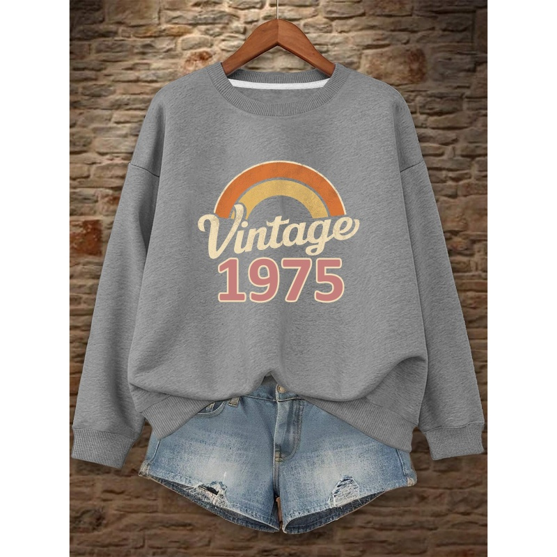 

Vintage 1975 Geometric Pattern Crew Neck Sweatshirt - 100% Polyester Casual Knit Fabric Top For Women, Pullover For Fall & Winter