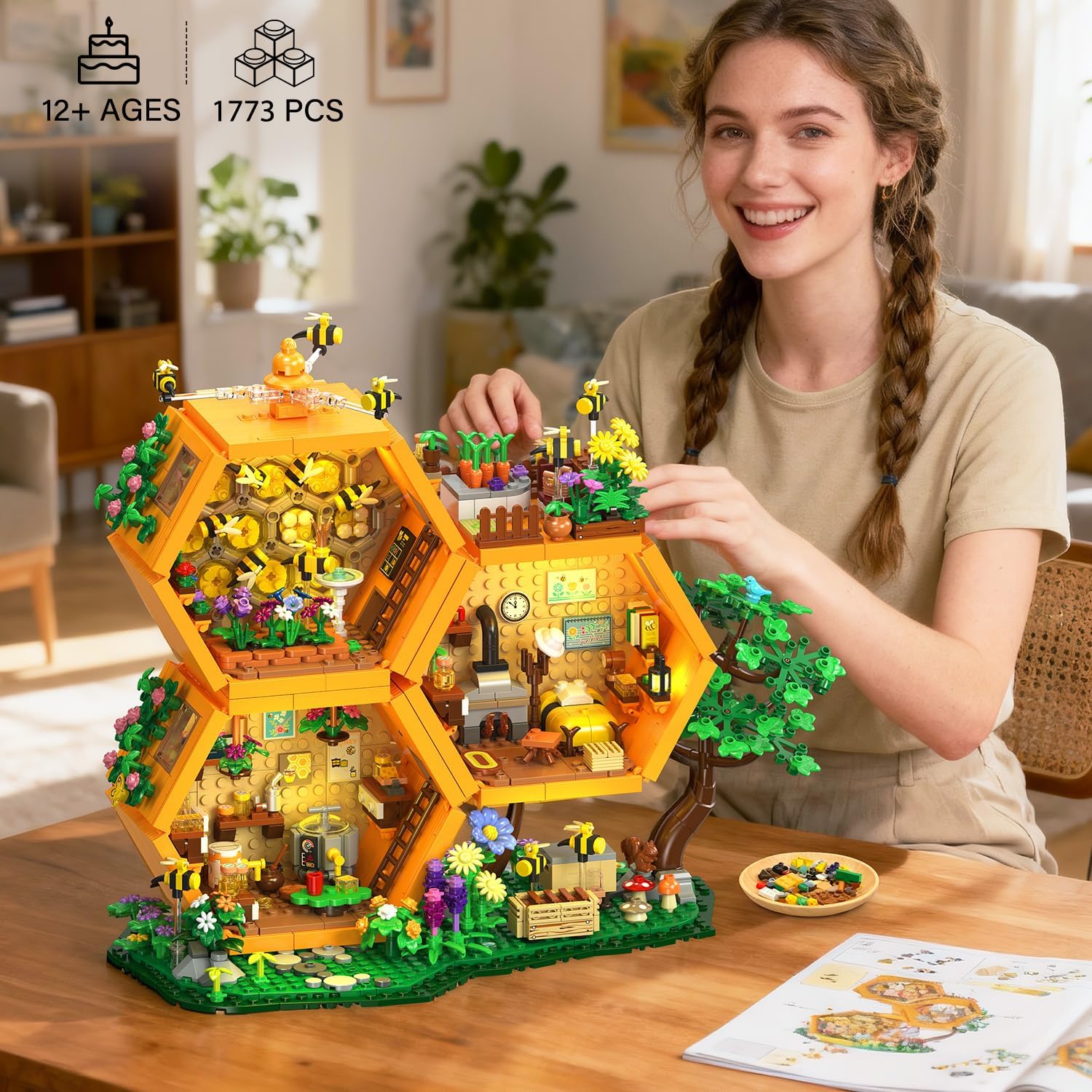 Image of Beehive House Building Blocks Set, 1773pcs Flower Botanical Treehouse Model, Gift For Kids Christmas Gifts, Halloween Gifts Children's Day Gifts