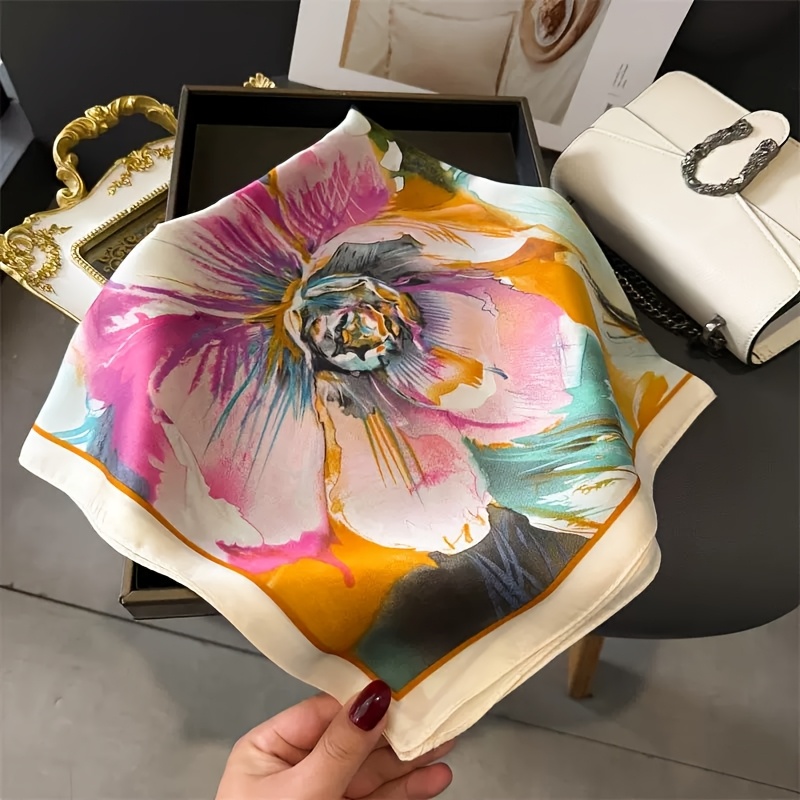 E-shop 1 Stück 100% Maulbeerseide Großer 27,56-Zoll Tulpen-Ölgemälde-Schal – Multifunktionaler Rosa Türkis Weiß Gold Spanischer Schal – Elegant