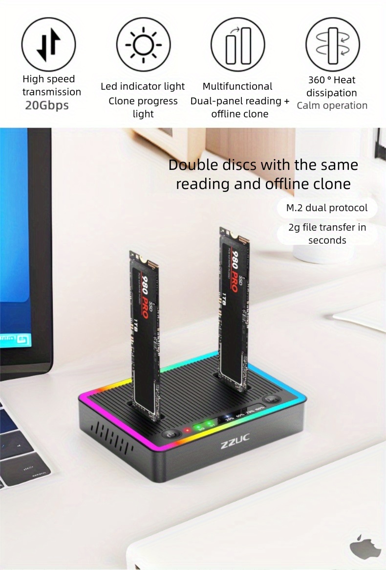rgb cool m.2 disco, para sata/nvme/ dock clonación offline maquina de disco duro 20g, usb3.2 disco lectura gif detalles 1