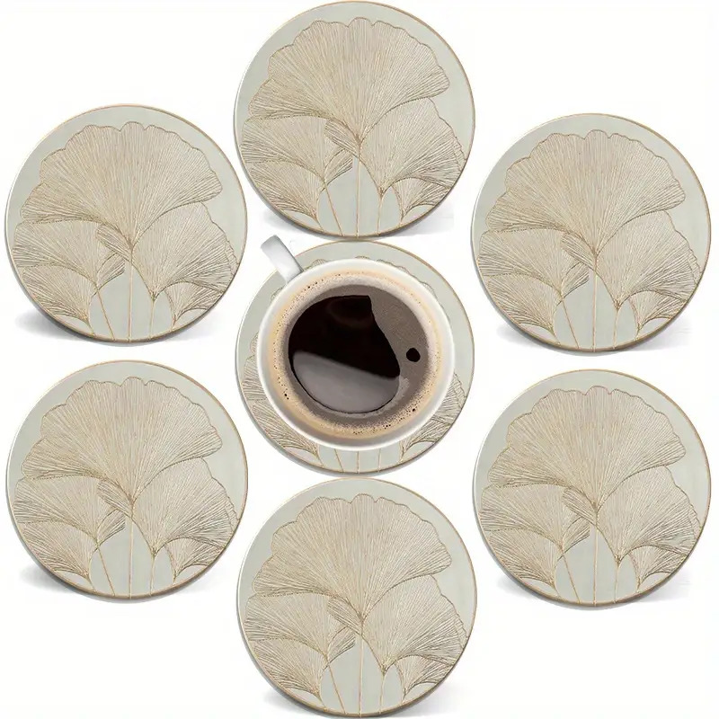 TEMU 6pcs Wooden Coaster Set With Printed 2d Embossed Ginkgo Leaf Pattern - Fresh And Elegant - Heat-resistant Table Protector, Suitable For Hot And
