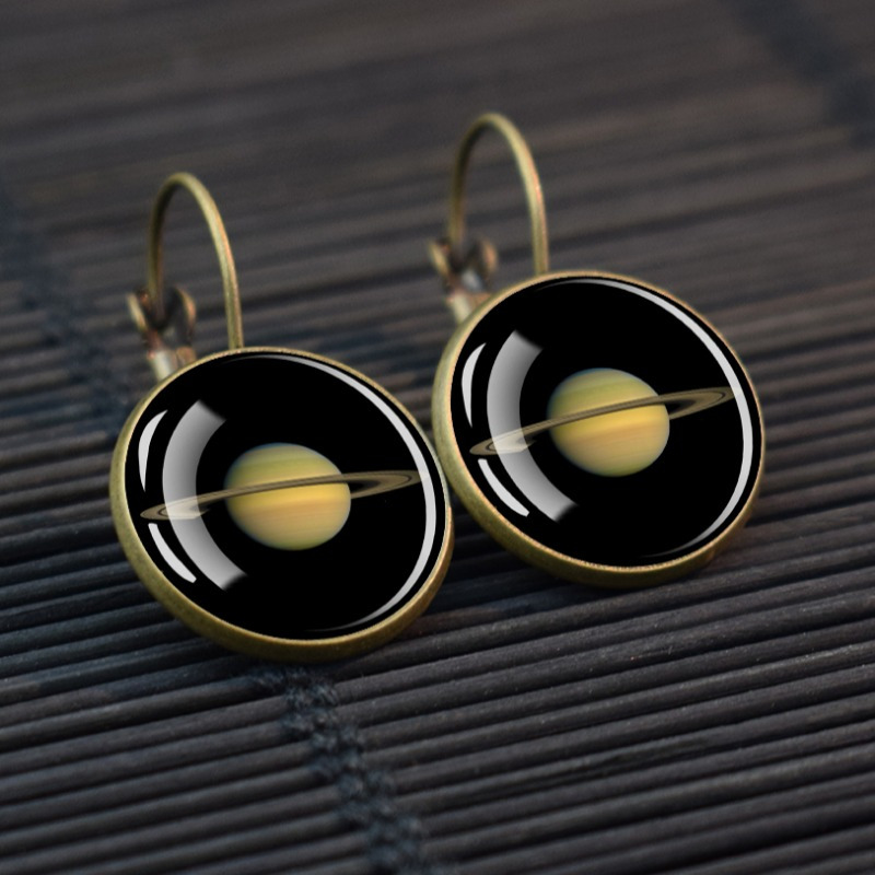 Retro Solar System Earrings Featuring Saturn, Moon, and Earth