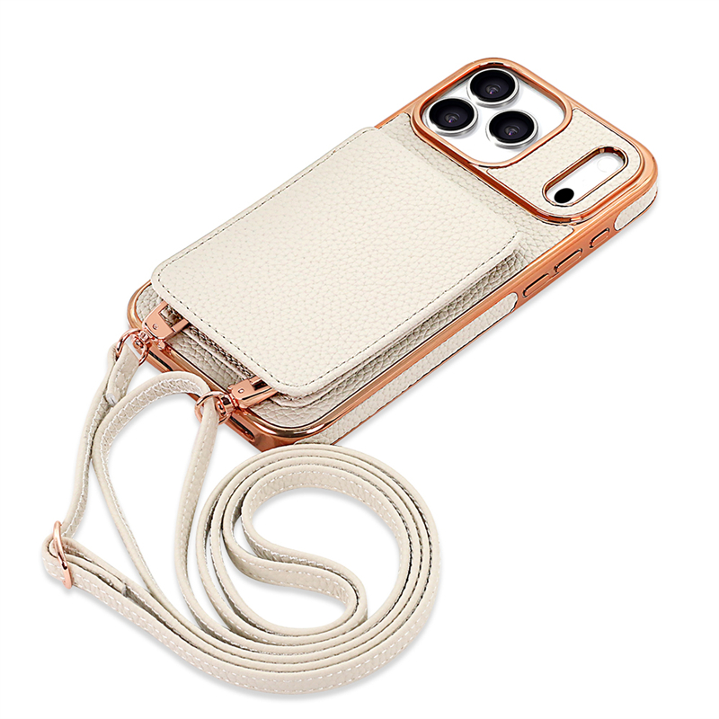Phone Case: Business PU Lychee Texture Flip Cover Card Holder with Multiple Card Slots, Stand Function, Crossbody Strap, and Full-Body Protective Case with Plated Frame for Apple iPhone 17 Pro Max/17 Pro/17 Air/17