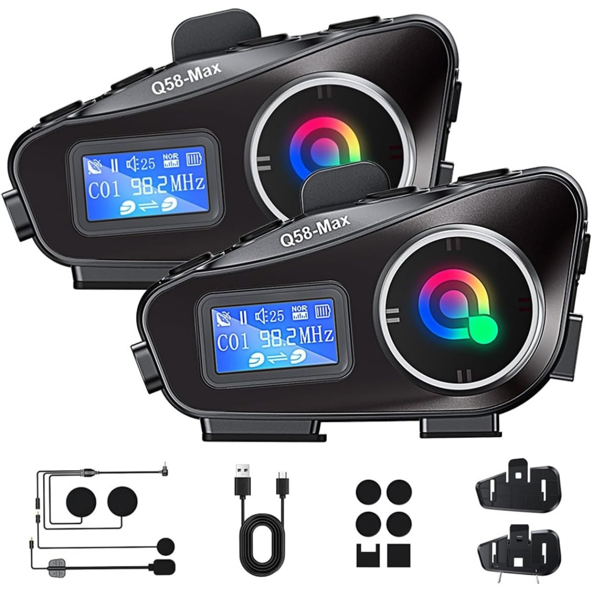 TEMU 2-pack Motorcycle Helmet Intercom, 1500 Feet Wireless Communication, Built-in Display, Fm Radio, Noise Reduction, Music For 2 , High Volume .