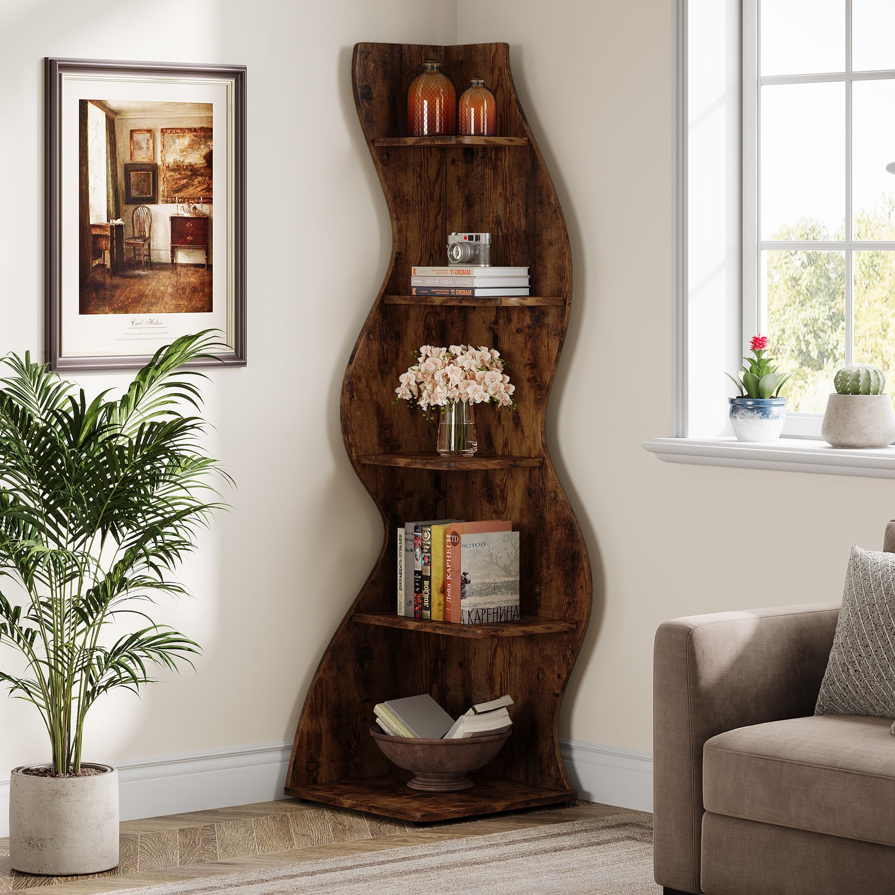 Image of Wavy Corner Shelf, Modern 5-tier Bookshelf Bookcase With Curvy Shape, Unique Plant Stand Display Rack For Living Room Small