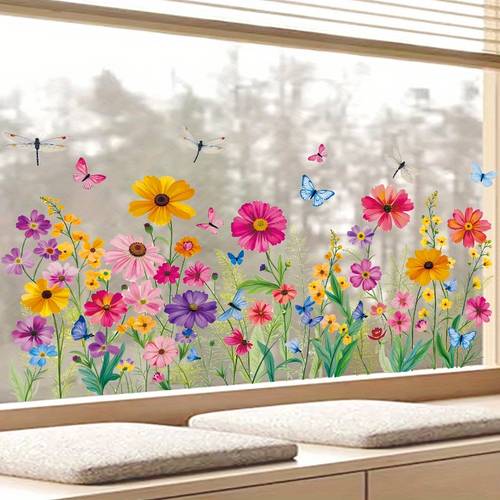 reusable double sided painted flower window stickers vibrant multicolor static cling decals with 16mil thick plastic film for glass doors walls balcony window displays removable home decor no residue
