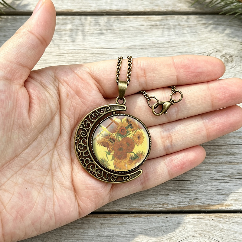 3pc Van Gogh Sunflowers & Crescent Moon Jewelry Set, Unisex