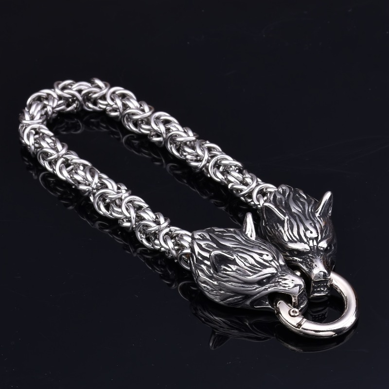 Men's Double Wolf Head Stainless Steel Bracelet, Retro Style