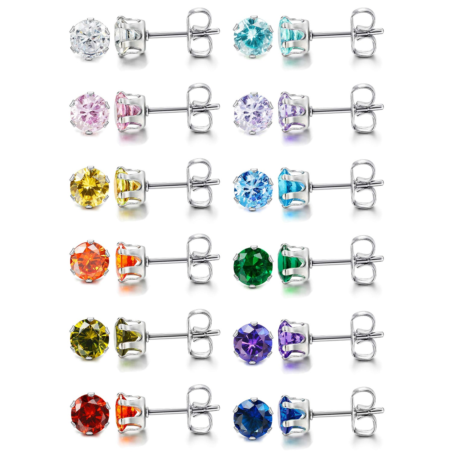 Image of 12 Pairs Stainless Steel Cubic Synthetic Zirconia Stud Earrings Cut Round Cz Earrings Set Birthstone Stud Earrings For Women