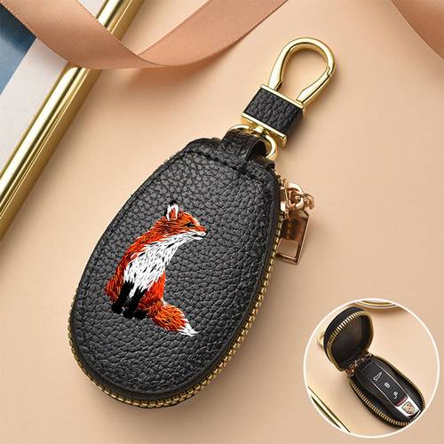 1 étui de clé de voiture brodé renard de haute qualité, pochette à fermeture éclair avec porte-clés, portefeuille porte-clés portable pour femmes, accessoires de voiture