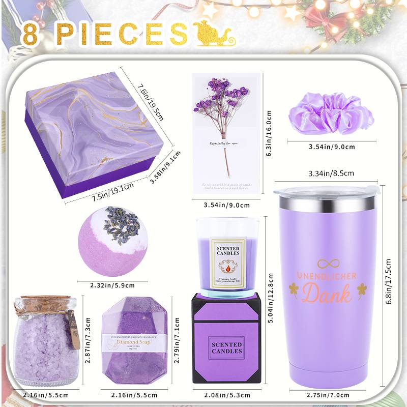 8-dijelni set ženske spa poklon košarice - Elegantni paket za njegu samog s temom lavande s čašom, solju za kupanje, svijećom, gumicom za kosu, bombom za kupanje i karticom zahvale - Svijeća od mješavine soje/čičakovog voska u elegantnoj poklon kutiji za rođendane, useljenja