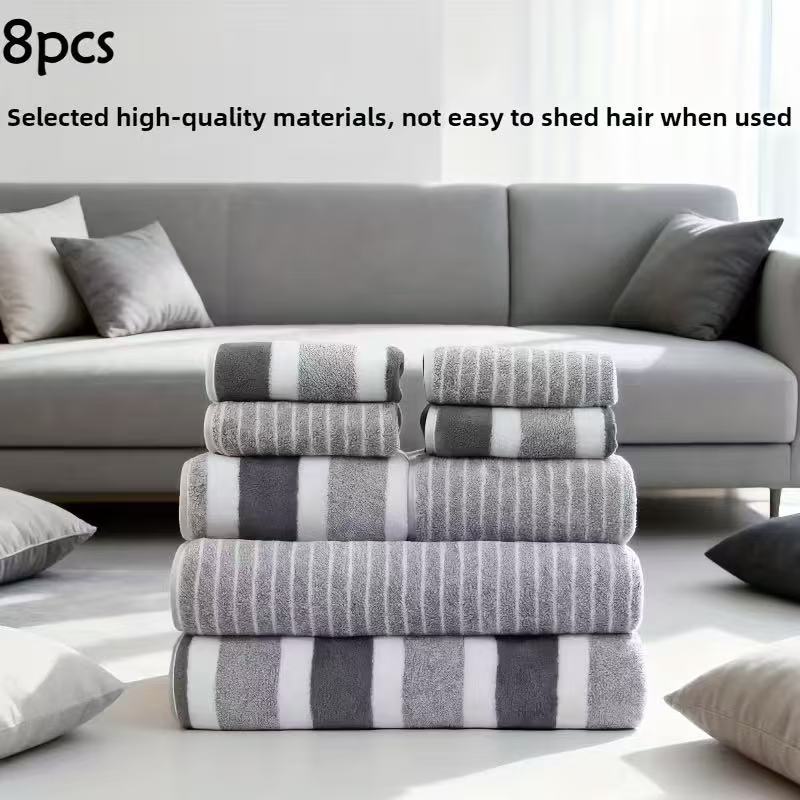 TEMU 8pcs Luxury Coral Spa Towel Set - Microfiber, Quick-drying, Highly Absorbent, Gray And White Striped Design, Includes 2 Bath Towels, 2 Hand