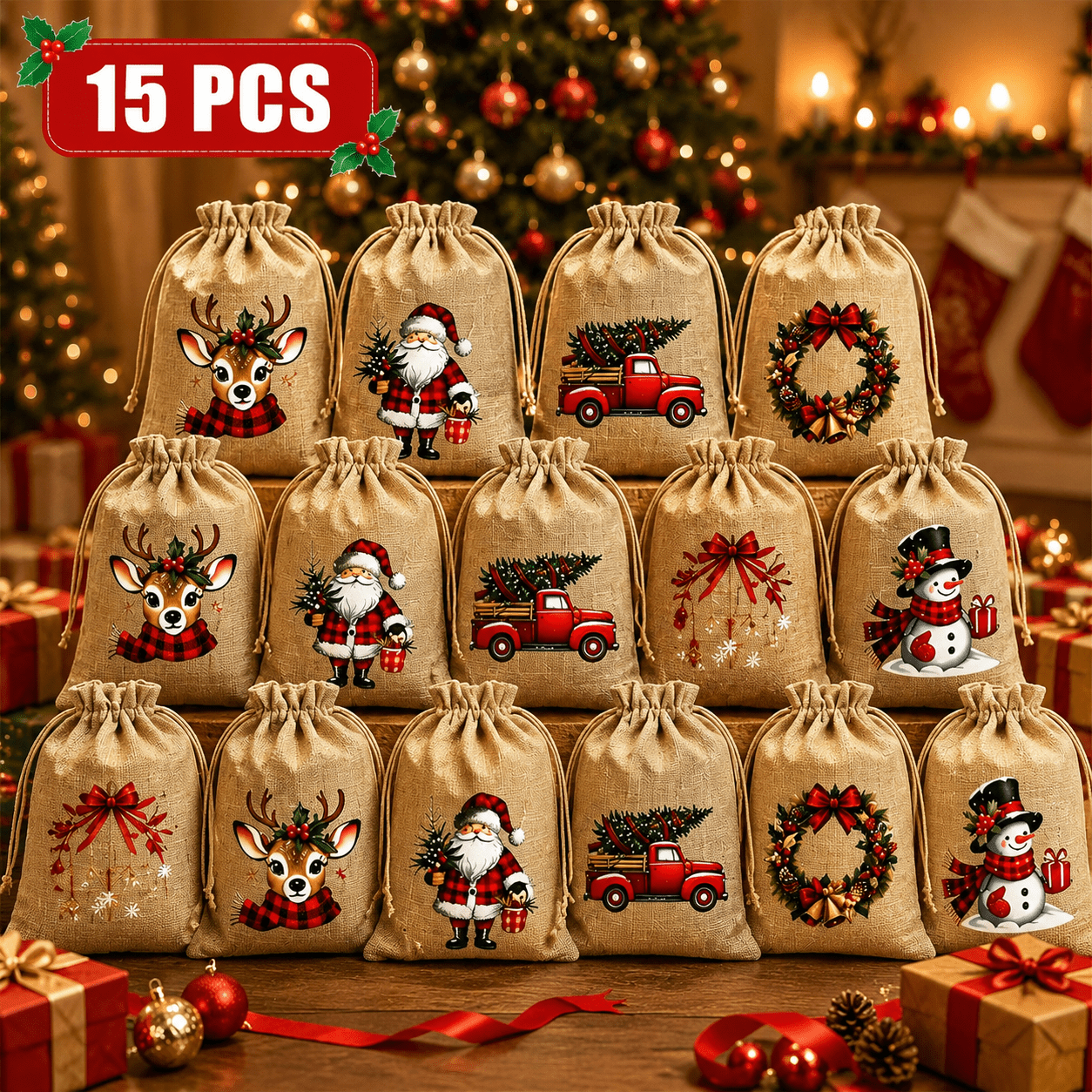 TEMU Sacchetti Regalo di Natale Confezione da 15 Borsa Tote in Iuta Riutilizzabile con Design a 5 Fantasie Natalizie Casuali Adatti per Bomboniere di