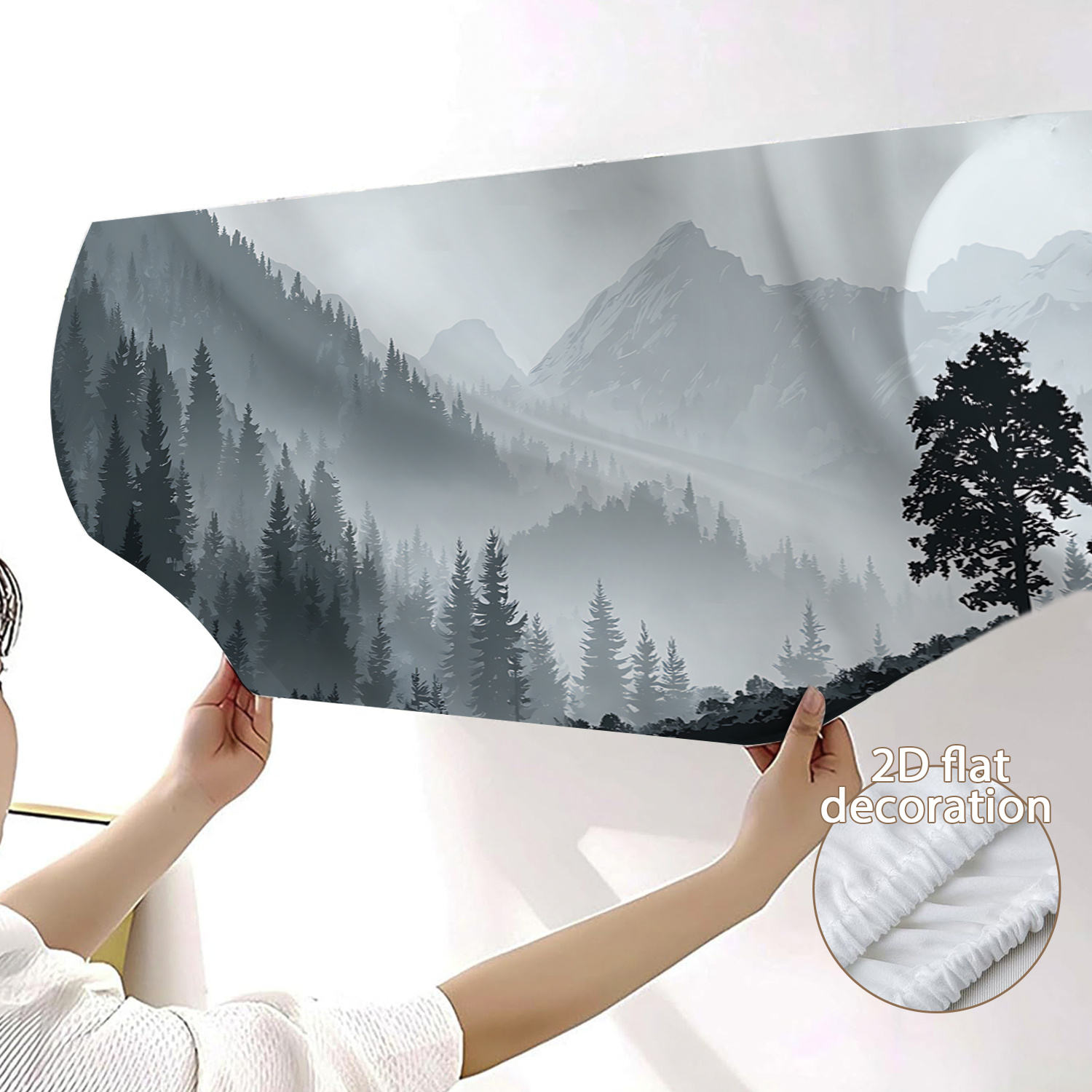TEMU 1pc Wall-mounted Air Conditioner Cover With Elegant Mountain, Tree & Moon Patterns - Full Coverage Dust Suitable For Home Units, Installation,