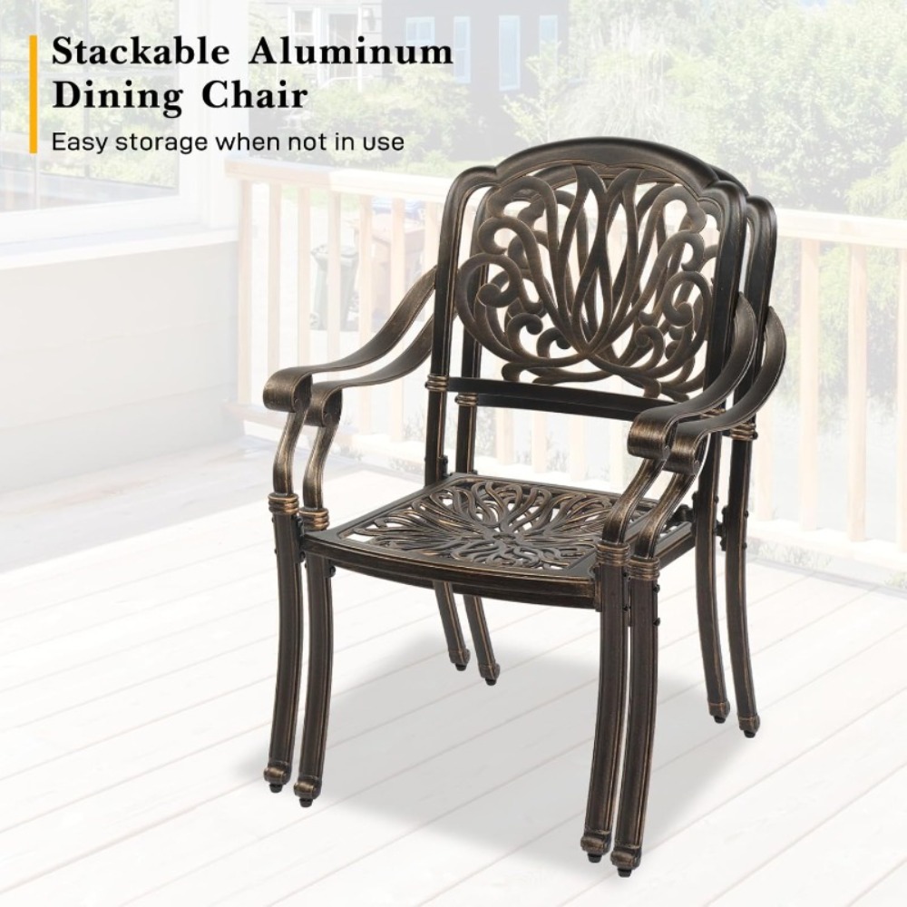 Bonnlo 5pcs Outdoor Dining Set Cast Aluminium Patio Furniture with 4 Chairs and 1 Umbrella Table for Garden Porch Poolside Weather-Resistant Bronze