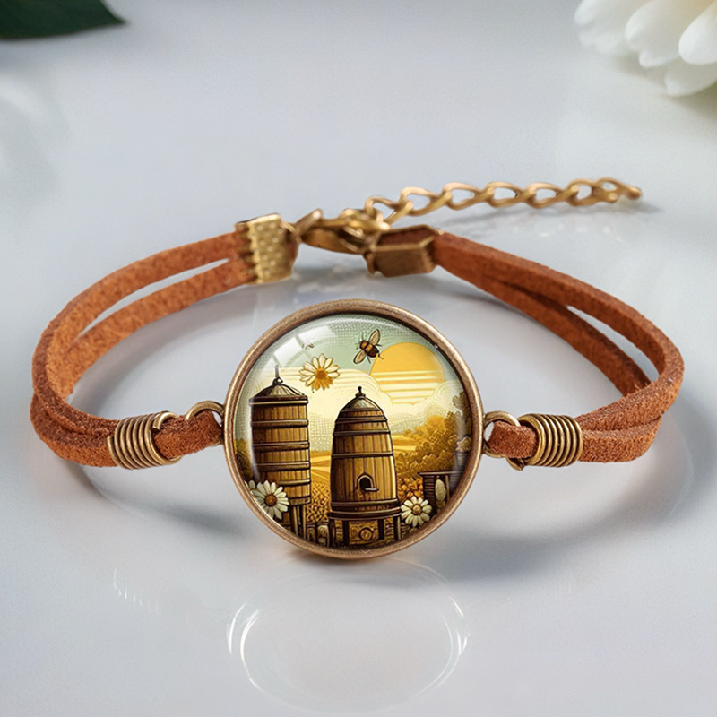 2pcs Bees and Honeycombs Handmade Glass Cabochon Bracelets