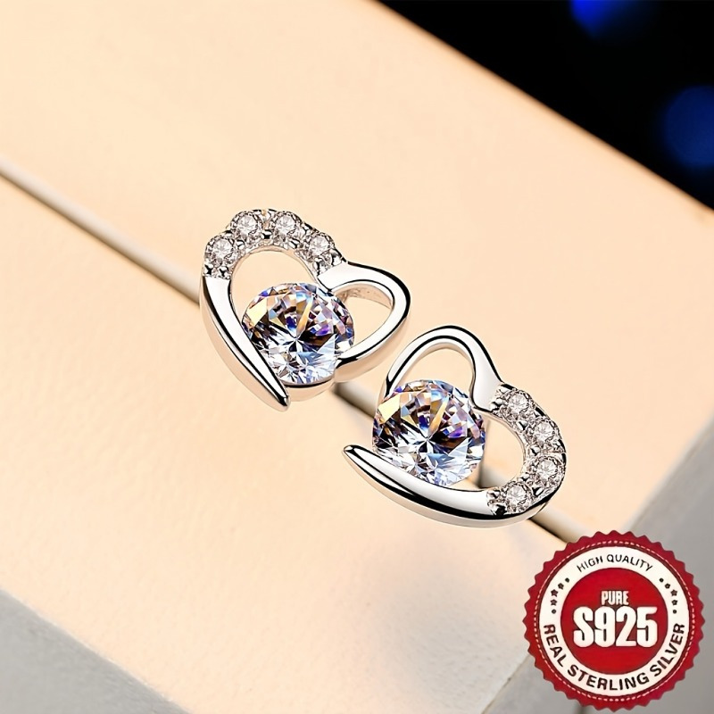 

1 Pair Of S925 Sterling Silvery Fashion, Retro, , Trendy, Luxury, Elegant, Sweet, , , Love, Heart-shaped, Love, , Geometric, High-end, , Temperament, , Girly Heart, Simple Luxury, Couple