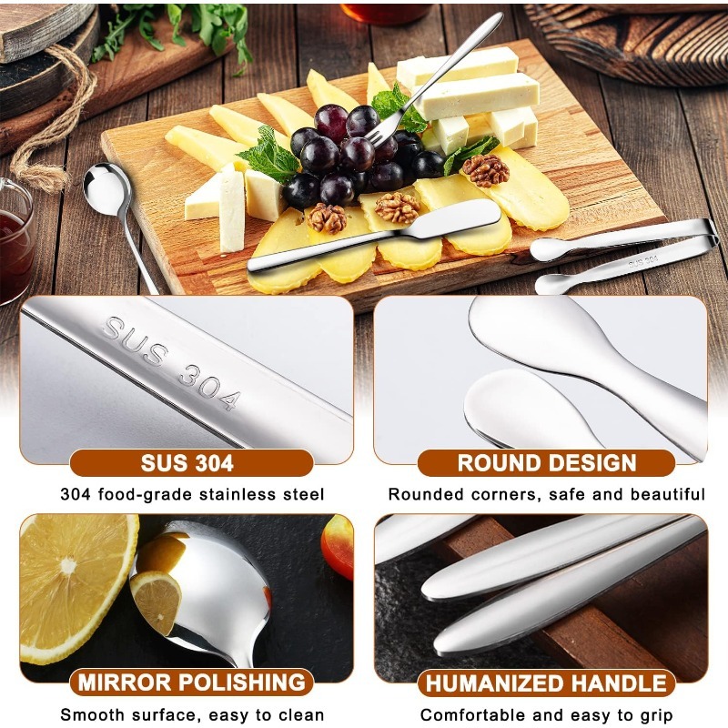 stainless steel knife fork and spoon set cheese and butter spreading knife set with cutting board   cutlery toothpicks and flags suitable for outdoor   and pastry making Product details 6