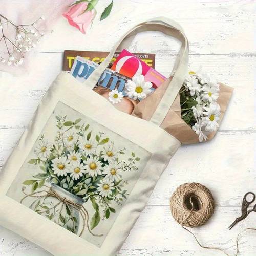 Wild Chrysanthemum Pattern Tote Bag Reusable Durable White Handbag with Sturdy Handles Bag for Women Fashionable Gift Idea
