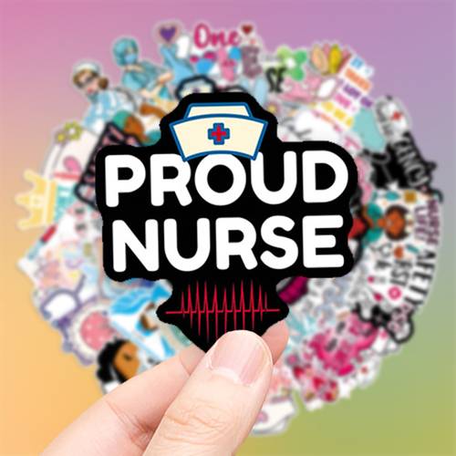 50pcs healthcare stickers with tools nurse illustrations and soft pink tones in a and friendly cartoon design vinyl suitable for decorating laptops cell phones guitars water bottles cars