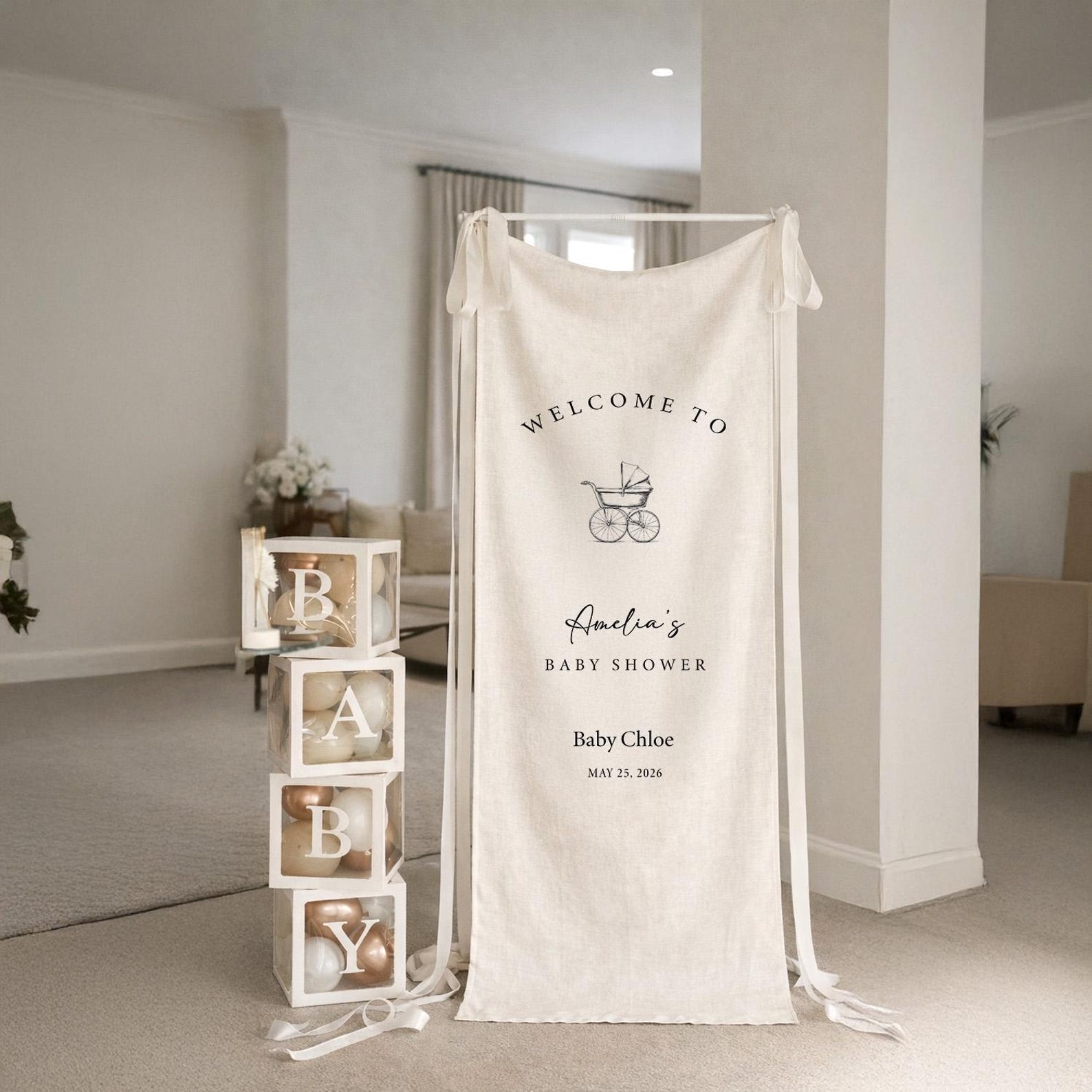 TEMU Personalized Baby Shower Welcome Sign & Banner - Custom Name Backdrop Suitable For Baby Showers, Neutral Decor With Vertical Hanging,