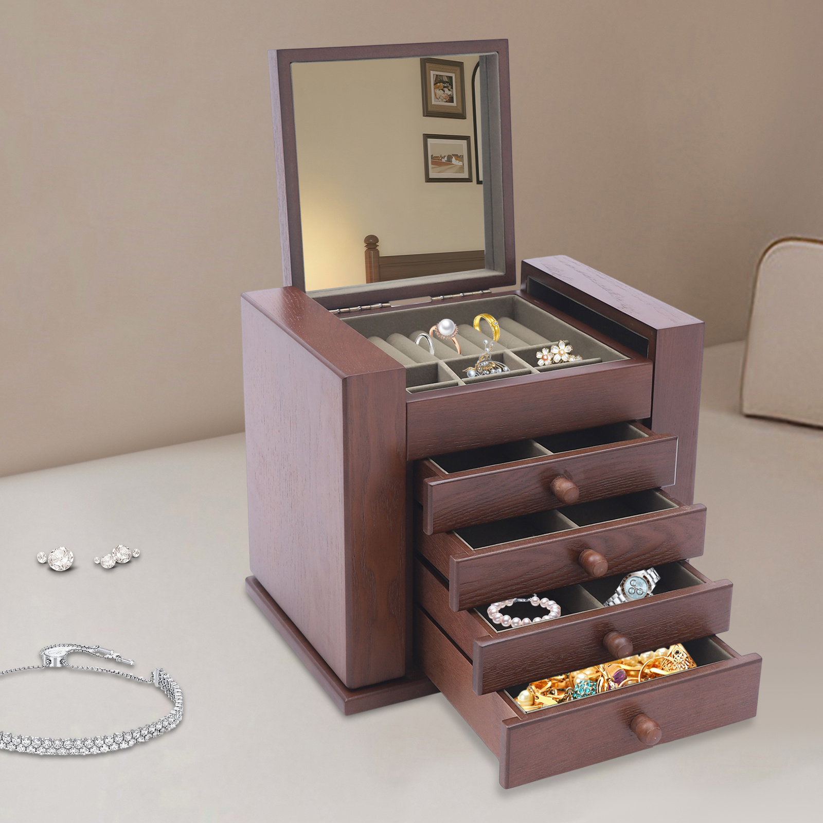 Image of A Jewelry Storage Box With 5 Levels, Featuring 4 Drawers, 6 Hooks, A Built-in Mirror, And Compartments, Perfect For Organizing Jewelry, Watches, Skincare Products, And Makeup On A Vanity, Bathroom