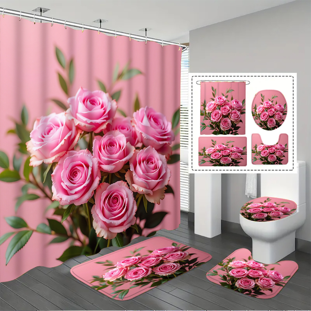 TEMU 4pcs Set Of Soft Pink Floral Decor Bathroom Shower Curtain Set With 12 Hooks, Non-slip Bath Mat, U-shaped Rug, And Oval Toilet Lid Cover,