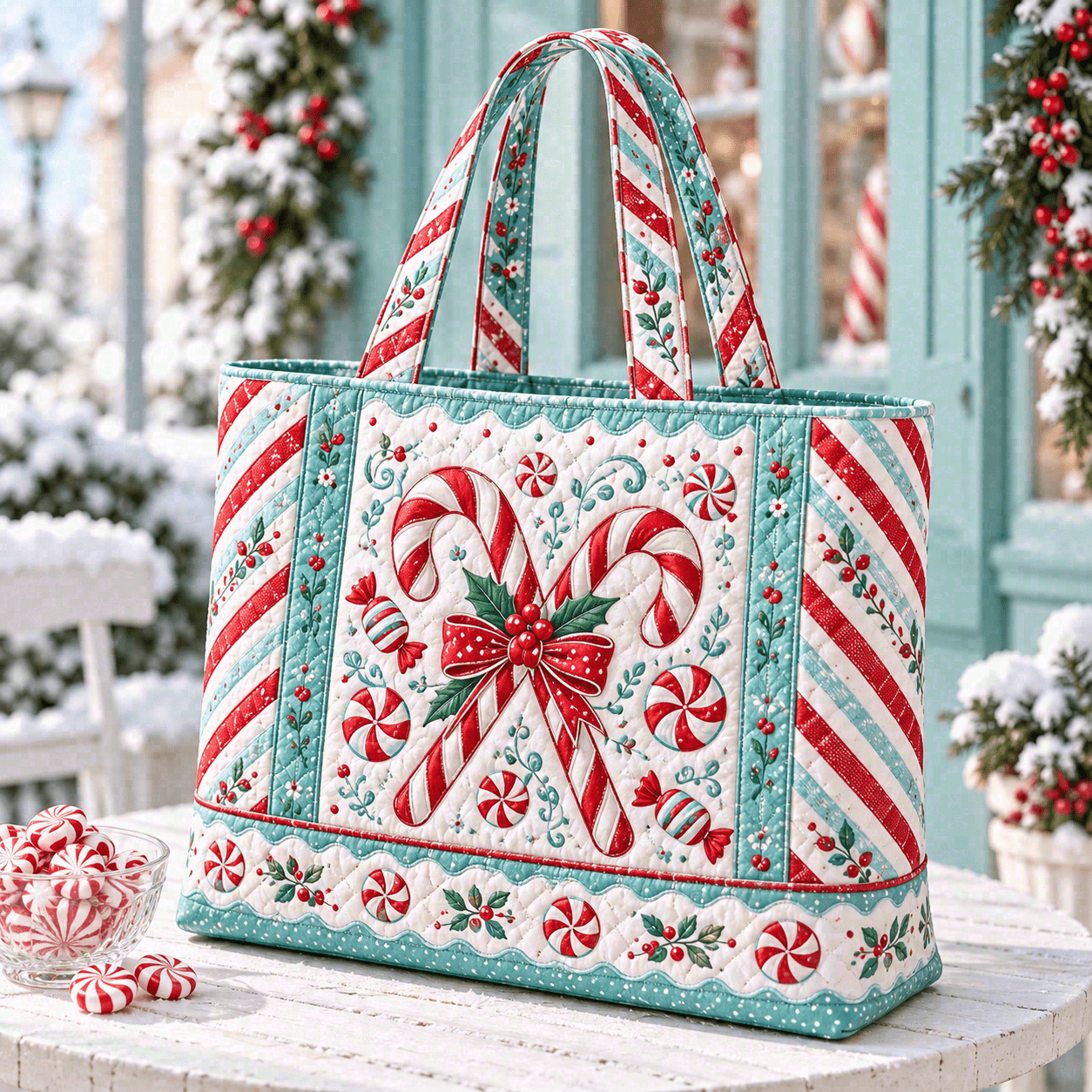 TEMU Quilted Tote Bag With Red Candy Canes, Peppermint Swirls And Aqua Stripes, Christmas Art Print, Large Capacity Tote, Fabric Tote Bag, Shopping