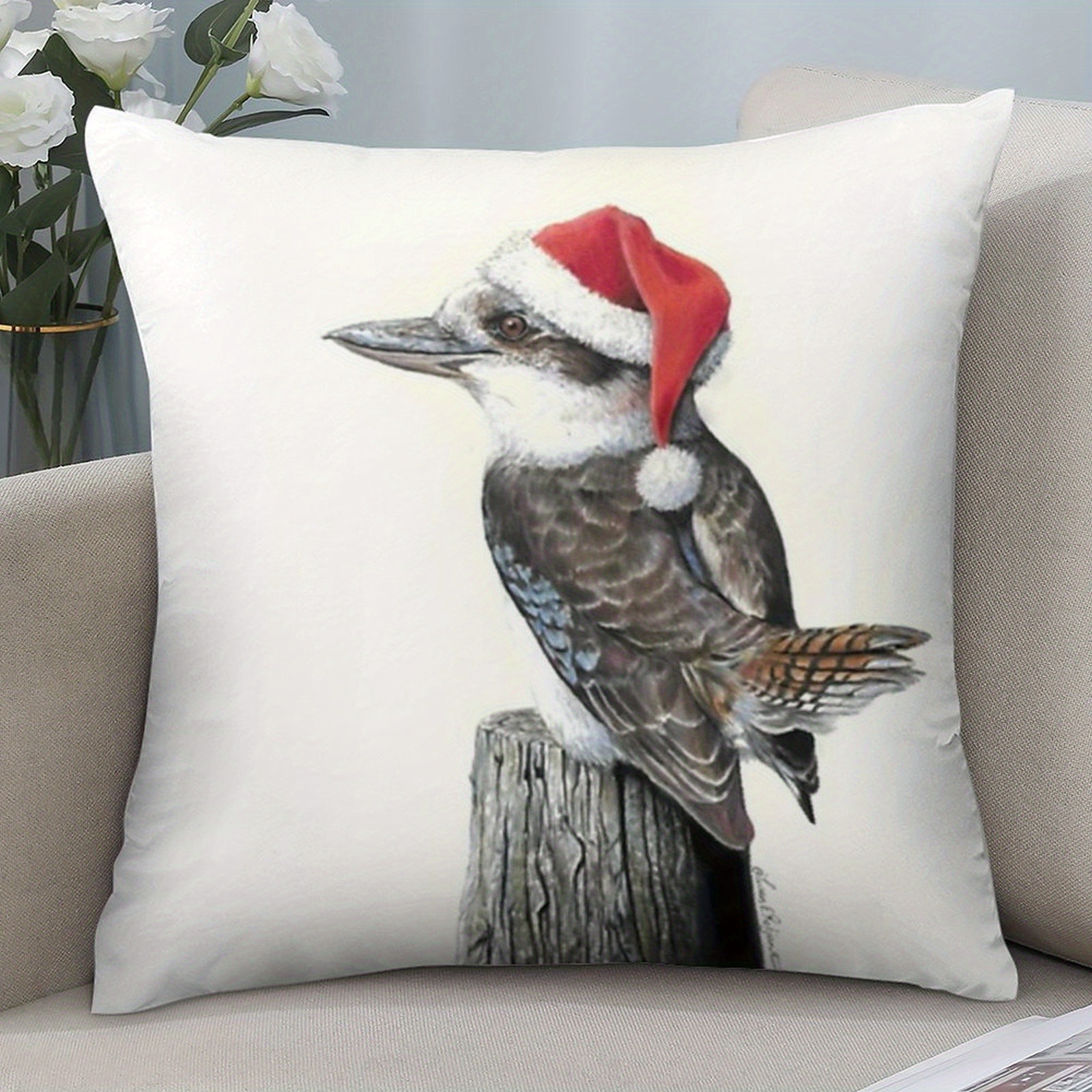 TEMU 1pc Christmas Pillow Cover Featuring An Australian Bird Wearing A Santa Hat, Single-sided Printed Cushion Cover Suitable For Indoor And Outdoor