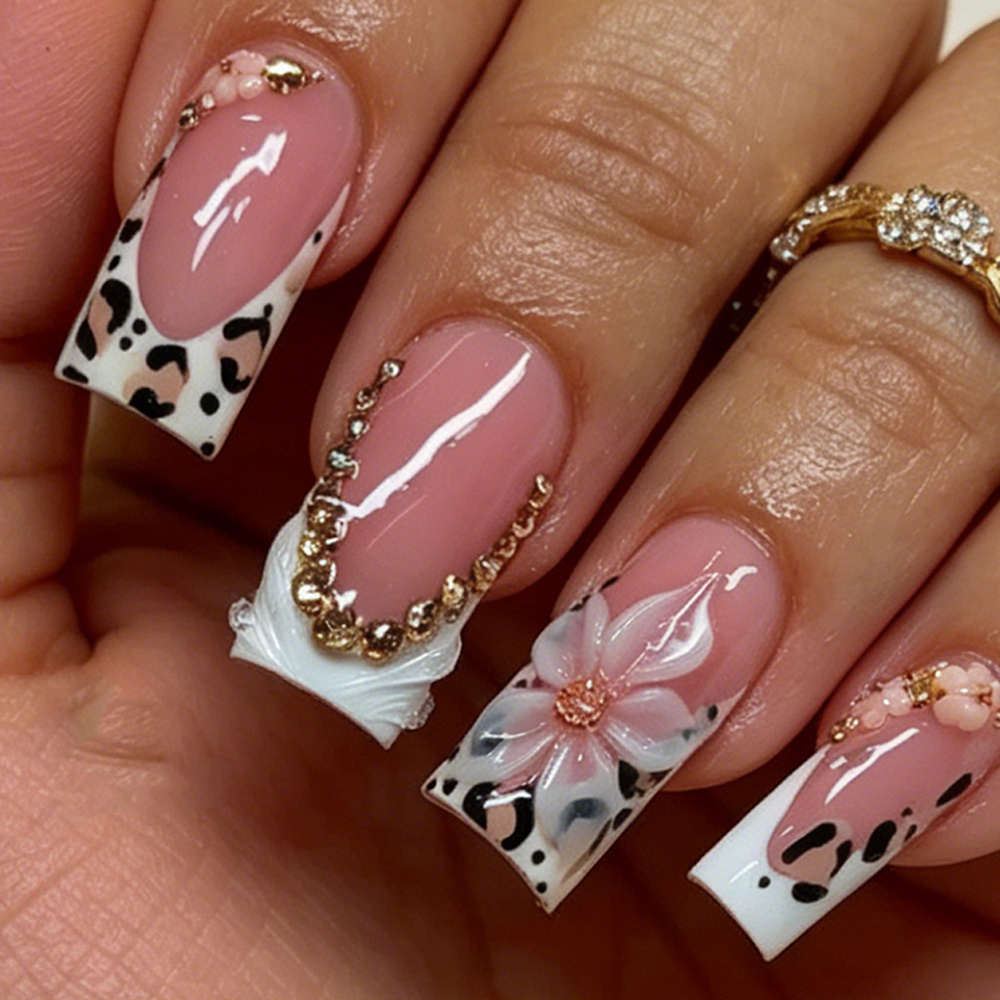 TEMU 24pcs Press-on Nails Suitable For Women & - Pink Glossy Square Medium Length False Nails With 3 Rhinestone Flowers, Golden Bean, Leopard Print &