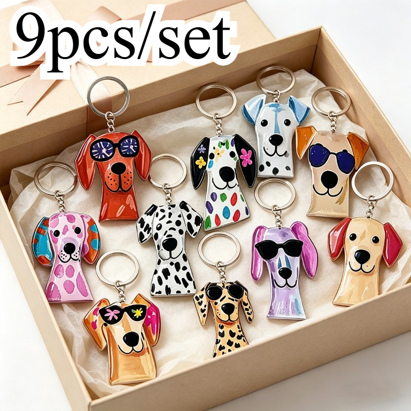 TEMU 2d Flat, 2d Flat 9pcs/set Puppy Keychain Set, Gradient Spotted Puppy, Themed, Fresh, Simple, Countryside Animal Keychain, Suitable For Vacation,