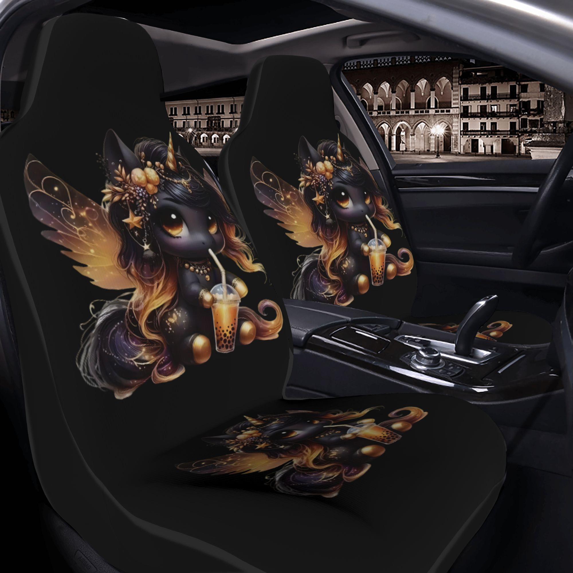 TEMU Set Of And Golden Unicorn Car Seat Covers Featuring A Cartoon Design, Made From Durable Fabric Suitable For Universal Front Seats