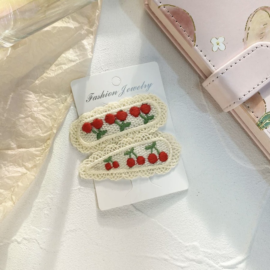 Image of Single Colorful Knitted Cherry And Strawberry Hairpins | Lace Floral Oval Hair Additions, Cartoon Style, Flannelette Material, Valentine's Day Theme