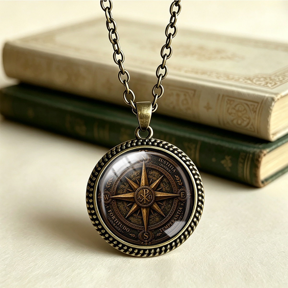 TEMU Collana 1 pz con motivo a stella e bussola vintage, ciondolo commemorativo di ispirazione, con ciondolo a vetro smerlato da 25mm