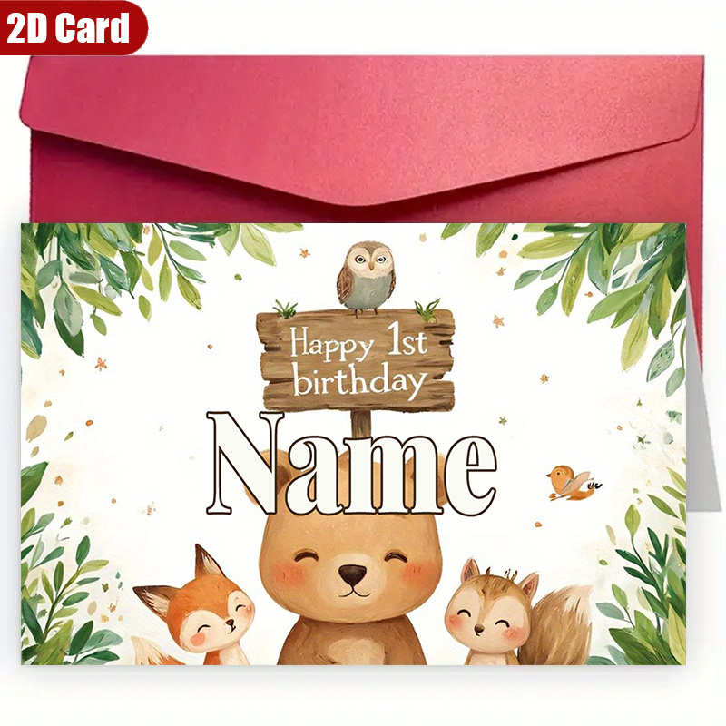 TEMU 1pc Personalized 1st Birthday Card With Custom Name& Age Number- Cute Fox& Woodland Animals(owl,)- Birthday Party Invitation, Durable Paper-