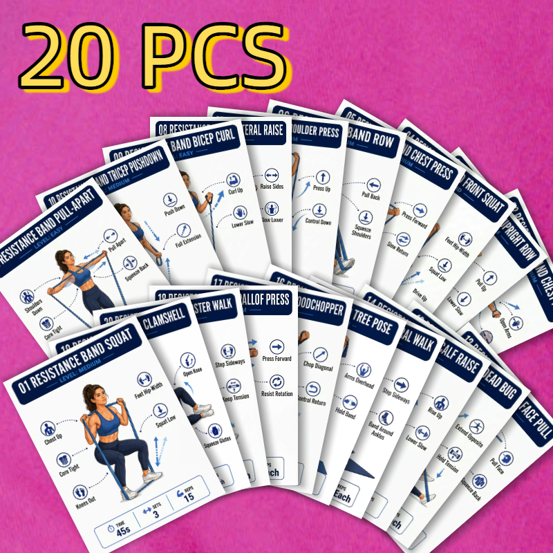 TEMU Lot de 20 cartes de guide d'entraînement avec bandes de résistance - Ensemble d'exercices illustrés par | Cartes mémoire de musculation complète