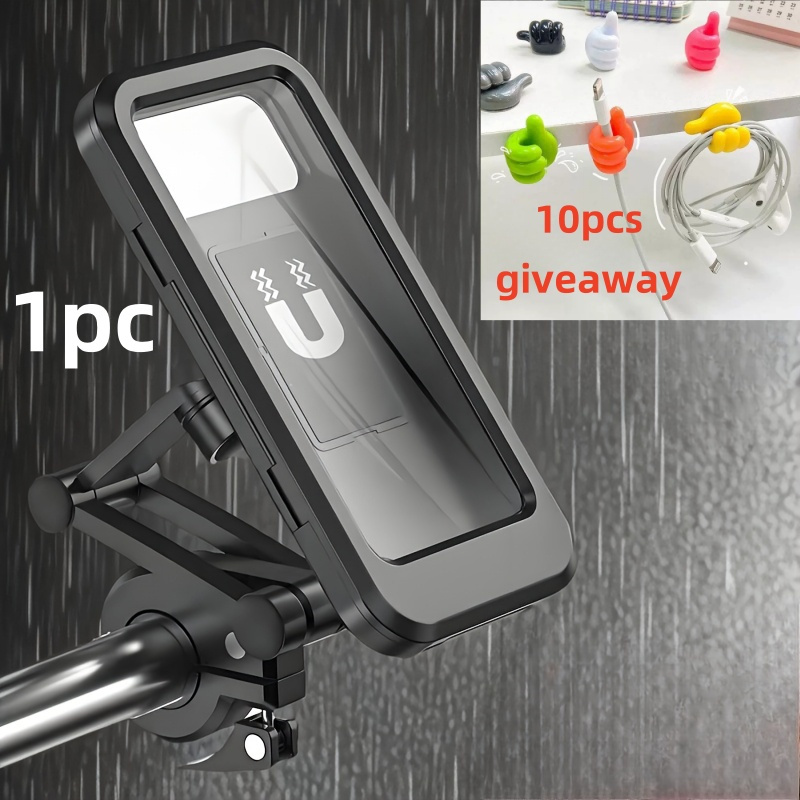 TEMU 1pc Phone Holder, Rainproof Bicycle And Motorcycle Phone Mount - Includes 10pcs Small Hooks | With Screen Cover, Abs Material, , Telescopic,