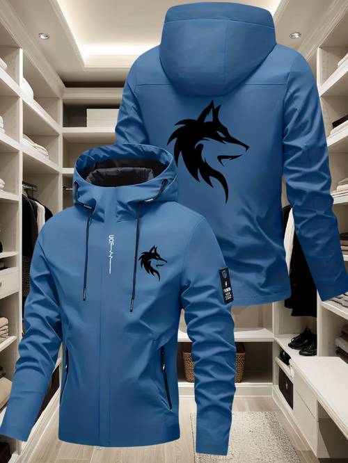 Men S Lightweight Hooded Softshell Jacket Full Zip Closure - Black And Blue Zipper Motorcycle And Outdoor Coat, Full Zip Windproof Jacket with Zipper Pockets, for Hiking, Commuting, Motorcycle Riding - Breathable Fabric