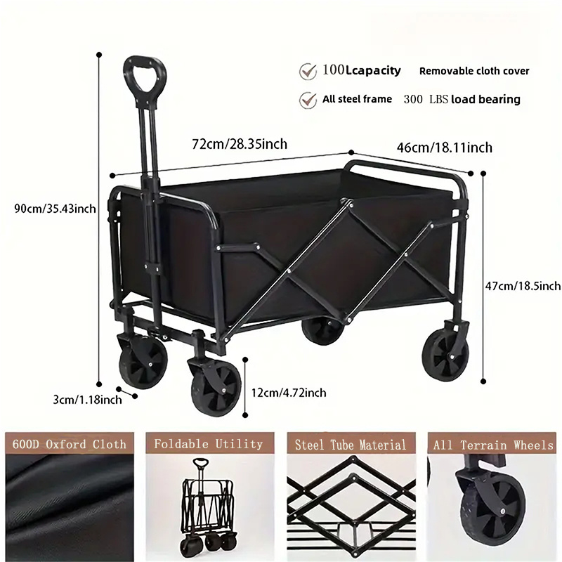 Image of Foldable Utility Wagon 300 Lbs Capacity Steel Tube Collapsible Cart With Oxford Cloth For Shopping Beach Or Garden Black