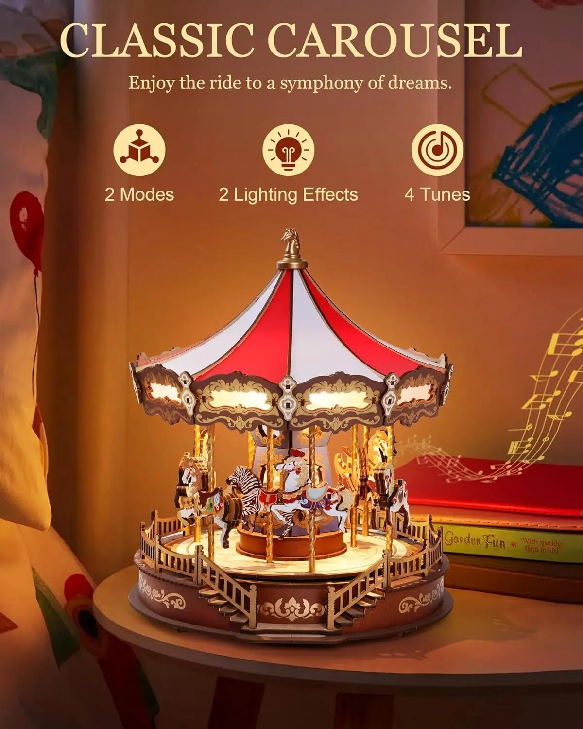 Klassieke Carrousel Muziekdoos, 3D Houten Puzzel met Verlichting, Eenvoudig in Elkaar te Zetten, Beweegbaar Ontwerp, Ideaal Kerstcadeau voor Volwassenen - AMC01
