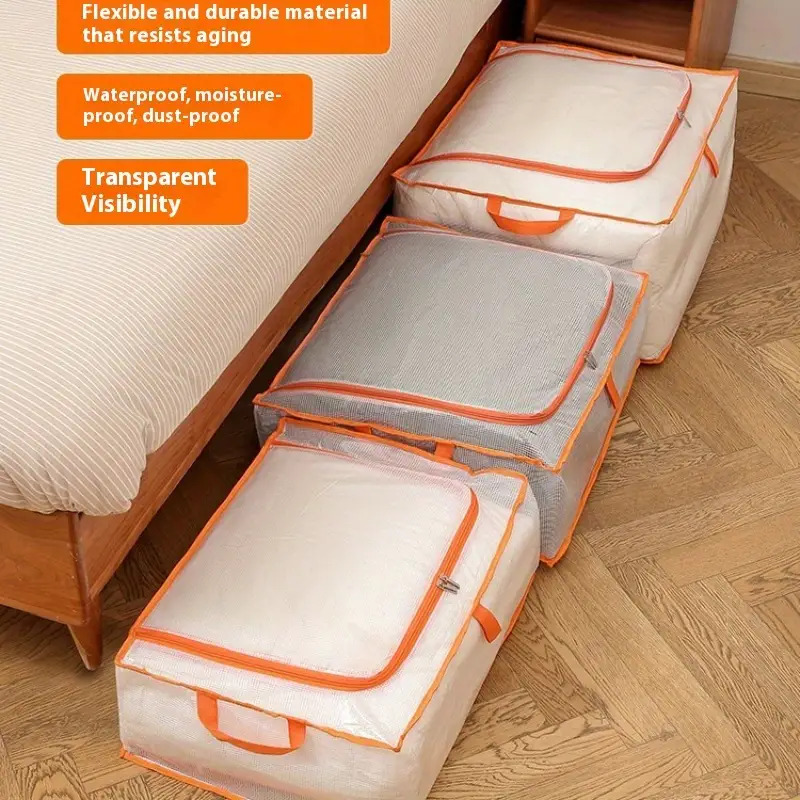 bolsa de almacenamiento de plástico resistente e impermeable con cierre de   cremallera, malla transparente y bolsillos con etiquetas blancas/naranja, resistente al  , organizador multiusos plegable. adecuada para ropa de cama, ropa, almacenamiento de temporada, edredones, prendas de vestir y
