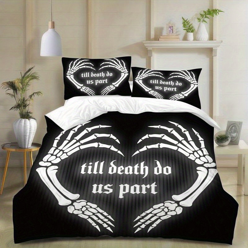 set of 3 gothic skeleton hand heart duvet cover skull bedding with the theme   do us part black and white halloween style bed soft microfiber bedroom decoration perfect romantic gift for couples   1 duvet cover and 2 pillowcases Product details 2