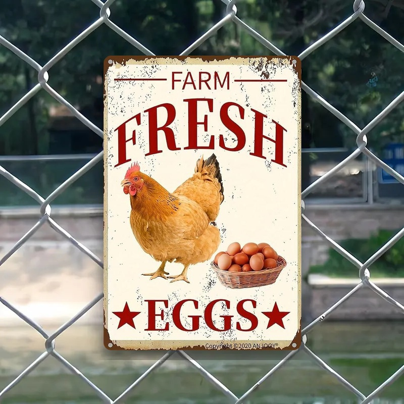 TEMU 2d Flat - Vintage-style 2d Metal Sign Featuring Eggs, Designed With A Rooster And Basket, This Rustic Wall Art Is Uv Printed On Iron, Suitable