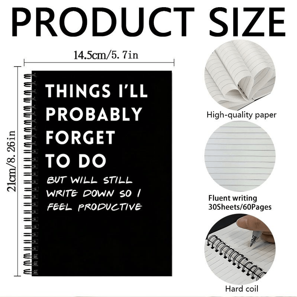 TEMU 1pc Black Cover With Funny Things To Do Text Spiral Coil Notebook For Office School Home Use Students Adults Workers Cute Gift