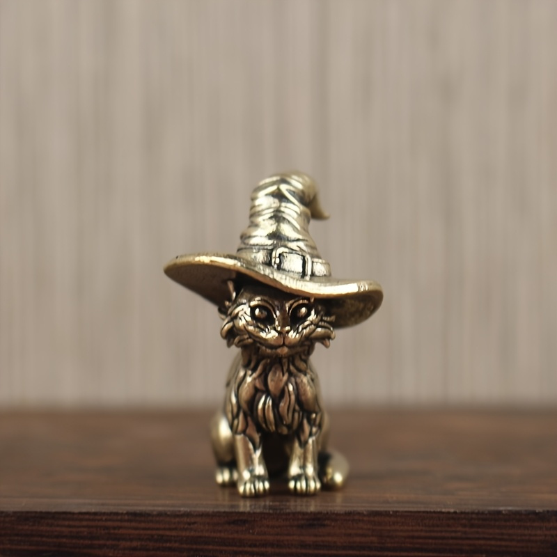 TEMU Vintage Brass Wizard Figurines- Magic Kitten With Hat, Home, Living Room, Bedroom, Bar Decor- Halloween, Easter, Halloween Decorations