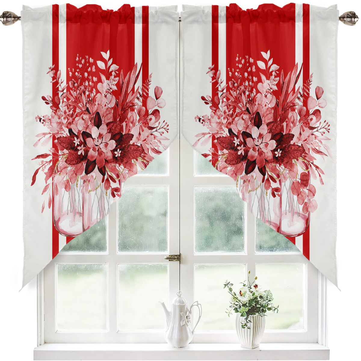 TEMU 2pcs Floral Glass Vase Patterned Bohemian Style Small Triangle Curtains, Kitchen Curtain Window Treatments Home Decor For Room Bathroom With Rod
