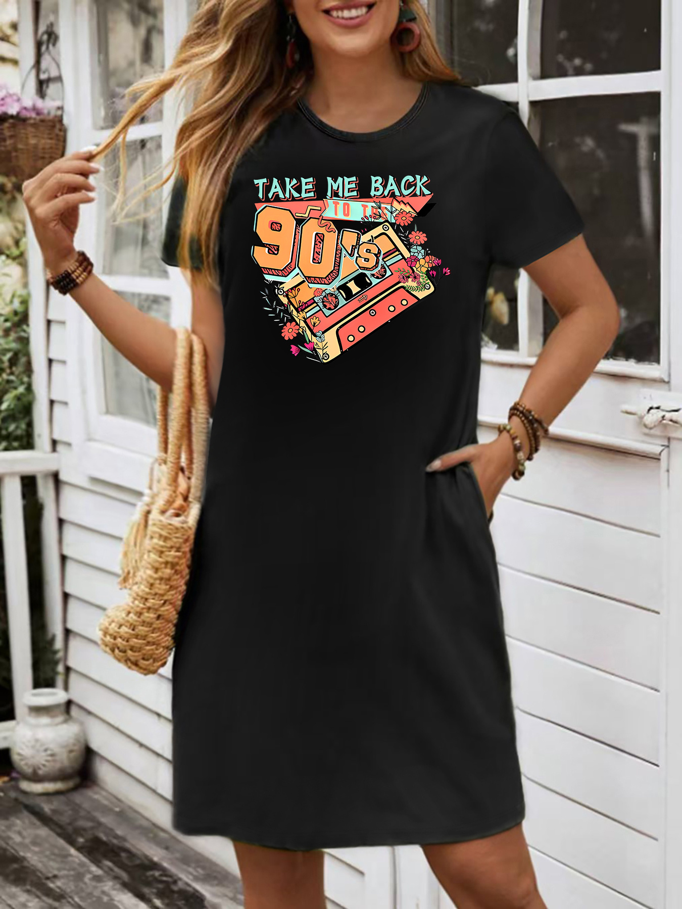 90s retro graphic dress black colorful 90s Temu Australia