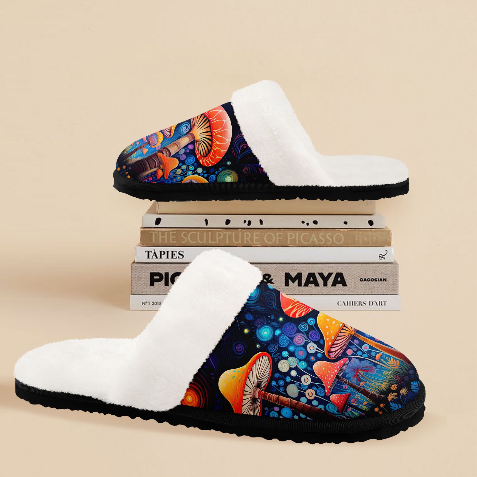 herren-hausschuhe mit pilz-print, warme slip-on-schuhe mit kunstvoller, farbenfroher waldgrafik weichem futter für zuhause, bequemer schlafzimmer-stil für herbst winter,   zum entspannen als geschenk